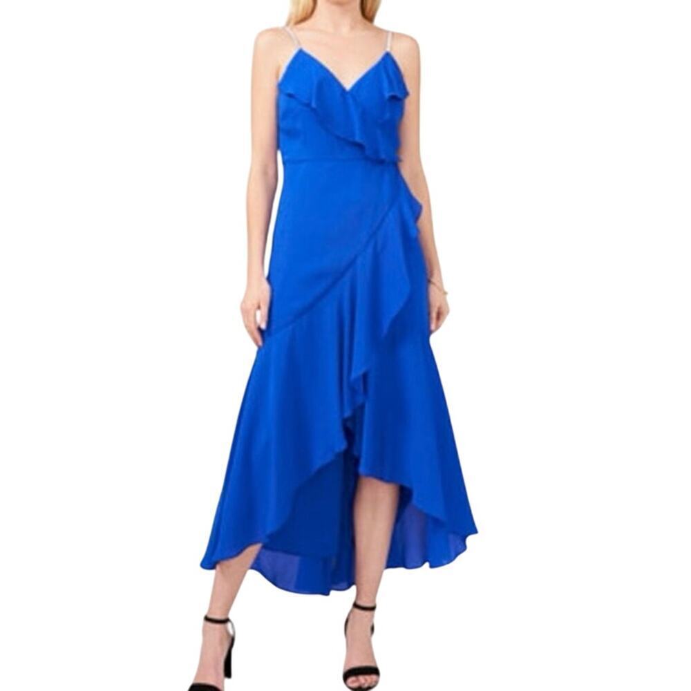 MSK Royal Blue Rhinestone Straps High-Low Ruffle Wrap Front Dress - Sz XL